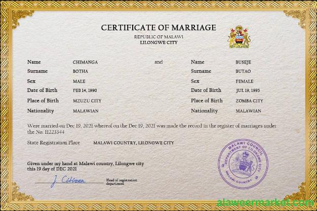 Malawi marriage certificate PSD template